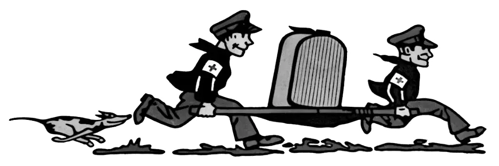 Two “medics” carrying a radiator for repair.